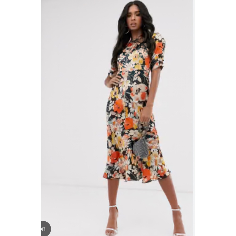 ASOS Design Floral Satin Tea Midi Dress Fall Colors US Size 0 Autumn Wedding